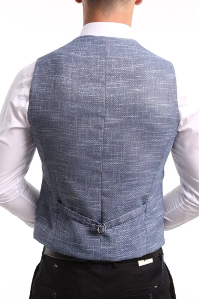 İntersivin  Erkek İndigo Slim Fit Astarlı Düğmeli Kemerli Likralı Tek Yelek - 7