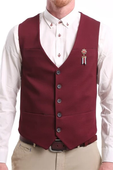 İntersivin  Erkek Bordo Slim Fit Astarlı Düğmeli Kemerli Likralı Tek Yelek - 7