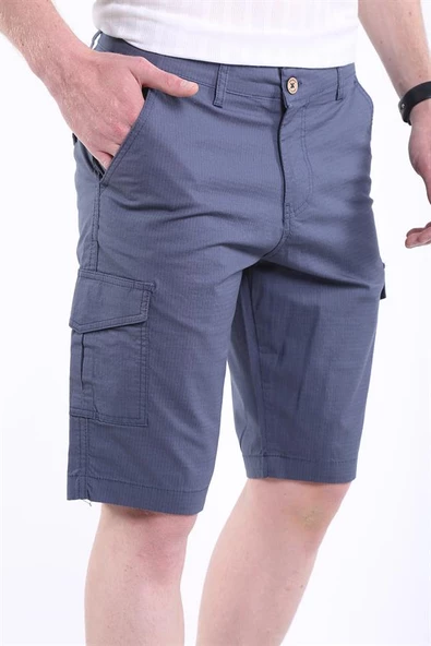 İntersivin Erkek Kargo Cepli Pamuklu Likralı İndigo Kapri-Şort - Resim 3