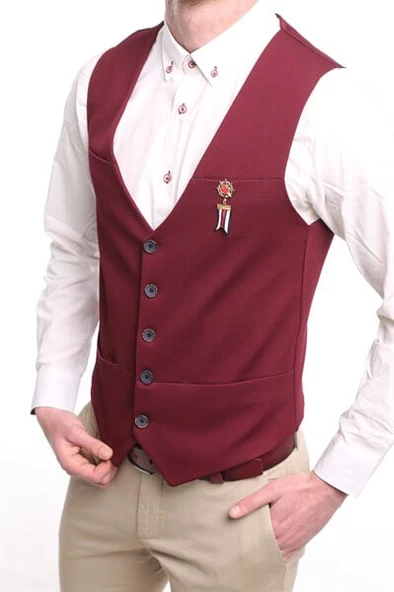 İntersivin  Erkek Bordo Slim Fit Astarlı Düğmeli Kemerli Likralı Tek Yelek - 2