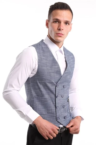 İntersivin  Erkek İndigo Slim Fit Astarlı Düğmeli Kemerli Likralı Tek Yelek - 5