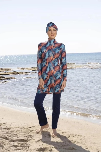 ESTİVA 23910 Lacivert Dijital Desenli Tam Boy Lycralı Tesettür Mayo - Resim 3