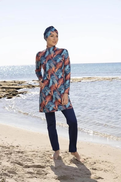 ESTİVA 23910 Lacivert Dijital Desenli Tam Boy Lycralı Tesettür Mayo - Resim 4