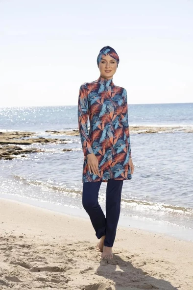 ESTİVA 23910 Lacivert Dijital Desenli Tam Boy Lycralı Tesettür Mayo - Resim 5