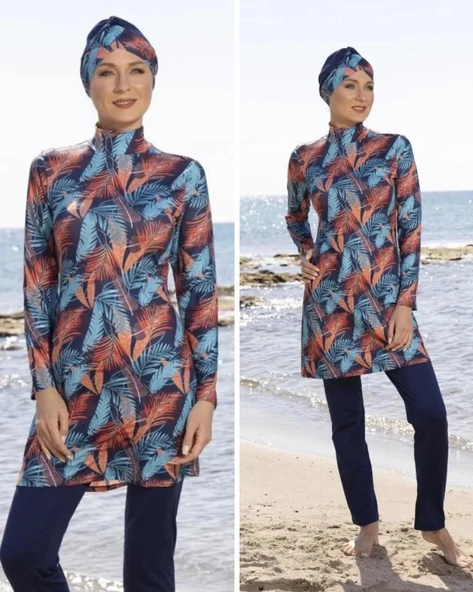 ESTİVA 23910 Lacivert Dijital Desenli Tam Boy Lycralı Tesettür Mayo