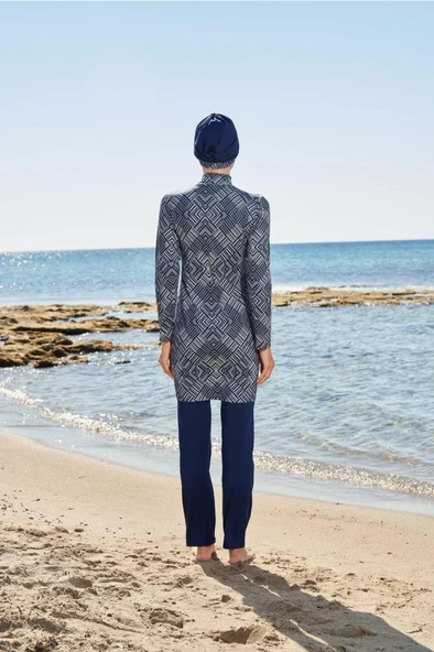 ESTİVA 23903 Lacivert Dijital Desenli Tam Boy Lycralı Tesettür Mayo - Resim 7