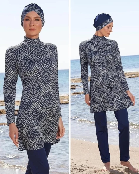 ESTİVA 23903 Lacivert Dijital Desenli Tam Boy Lycralı Tesettür Mayo