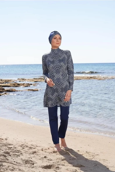 ESTİVA 23903 Lacivert Dijital Desenli Tam Boy Lycralı Tesettür Mayo - Resim 3