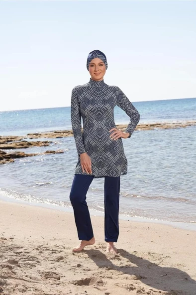ESTİVA 23903 Lacivert Dijital Desenli Tam Boy Lycralı Tesettür Mayo - Resim 5