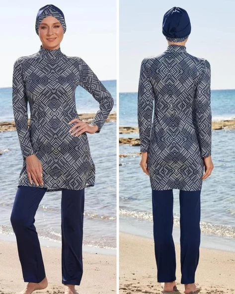 ESTİVA 23903 Lacivert Dijital Desenli Tam Boy Lycralı Tesettür Mayo - Resim 2