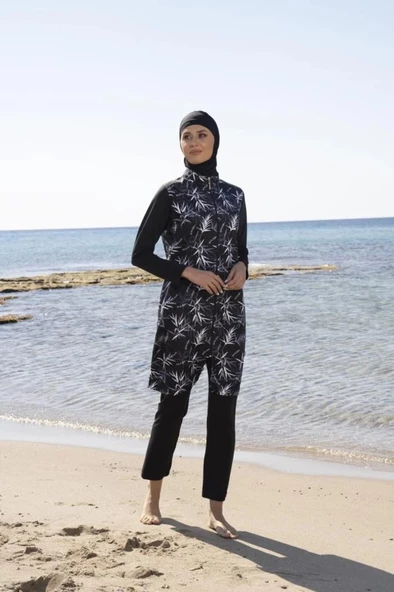 Estiva 23934 Siyah Lycra Jileli Dokuma Tesettür Mayo - Resim 4