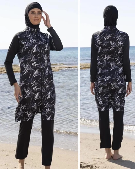 Estiva 23934 Siyah Lycra Jileli Dokuma Tesettür Mayo - Resim 2