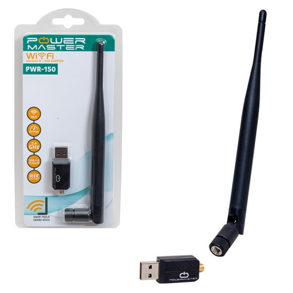 POWERMASTER PWR-150 150 MBPS 7601 İŞLEMCİLİ USB KABLOSUZ ANTENLİ WİFİ ADAPTÖR CDLİ