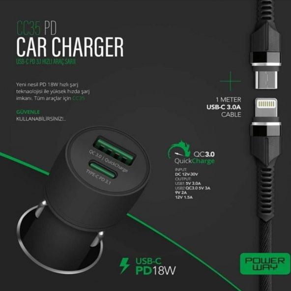 POWERWAY CC35 YENİ NESİL USB-C (IPHONE İÇİN TO TYPE-C) ARAÇ ŞARJ SETİ (PD18W)