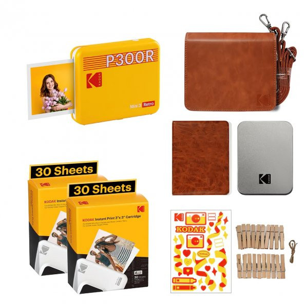 Kodak Mini 3 Retro - Taşınabilir Fotoğraf Yazıcısı( Kare 8x8cm Baskı - Sarı ) BUNDLE