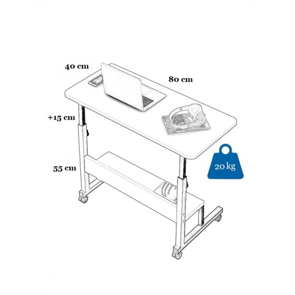 servetavcı Yükseklik Ayarlı Raflı Çalışma Masası - Ceviz (Tekerli) 80x40 - 2