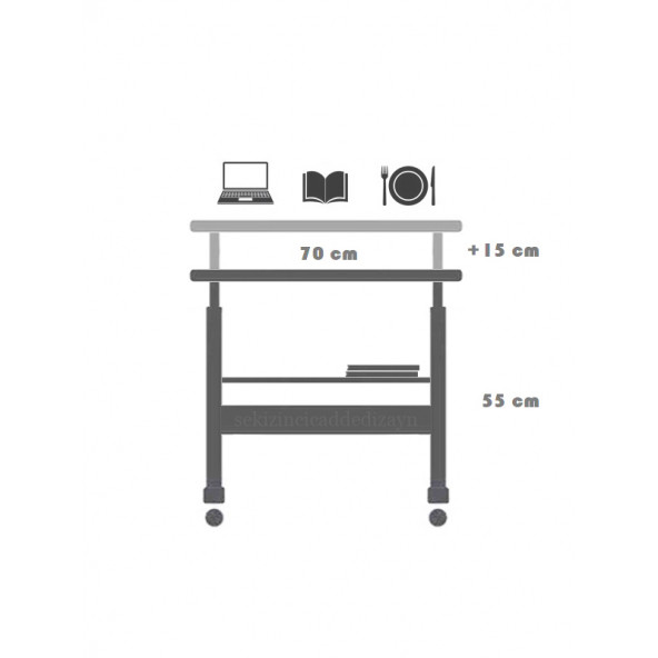 servetavcı Yükseklik Ayarlı ve Çift Raflı Laptop Sehpası ve Çalışma Masası - Ceviz (Tekerli) 70 x 40 cm - 3