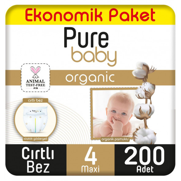Pure Baby Organik Pamuklu Cırtlı Bez Ekonomik Paket 4 Numara Maxi 200 Adet