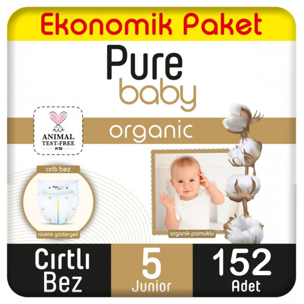 Pure Baby Organik Pamuklu Cırtlı Bez Ekonomik Paket 5 Numara Junior 152 Adet