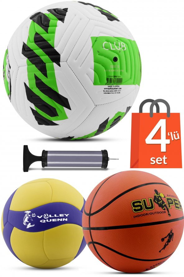 4LÜ SET Basketbol Voleybol Sert Zemin CLUB Futbol Topu Top Şişirme Pompası Seti Yeşil-018