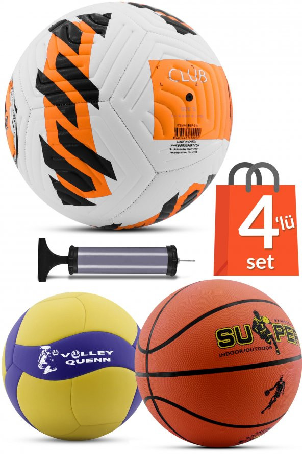 4LÜ SET Basketbol Voleybol Sert Zemin CLUB Futbol Topu Top Şişirme Pompası Seti Turuncu-018