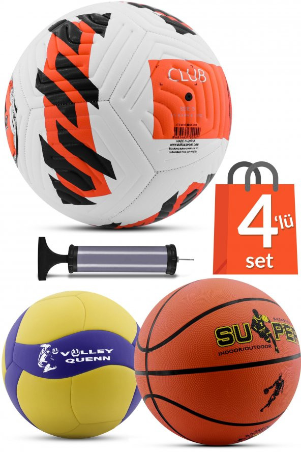 4LÜ SET Basketbol Voleybol Sert Zemin CLUB Futbol Topu Top Şişirme Pompası Seti Kırmızı-018