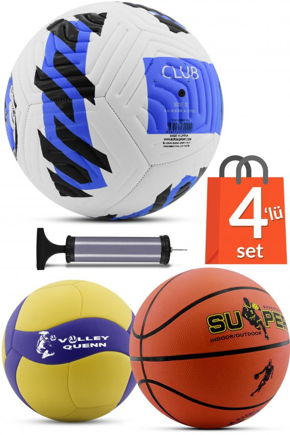 4LÜ SET Basketbol Voleybol Sert Zemin CLUB Futbol Topu Top Şişirme Pompası Seti Mavi-018