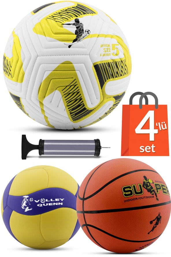 4LÜ SET Basketbol Voleybol Sert Zemin WİND Futbol Topu Top Şişirme Pompası Seti Sarı-035