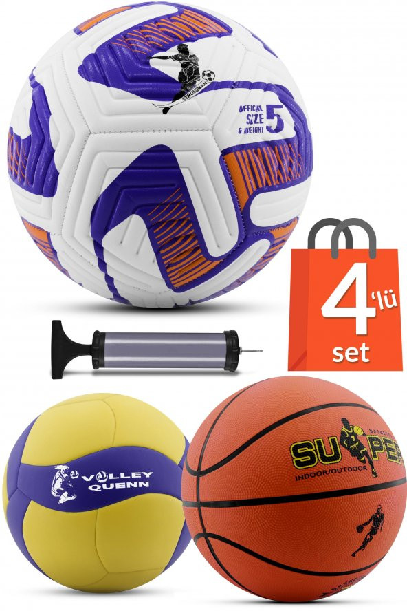 4LÜ SET Basketbol Voleybol Sert Zemin WİND Futbol Topu Top Şişirme Pompası Seti Mor-035