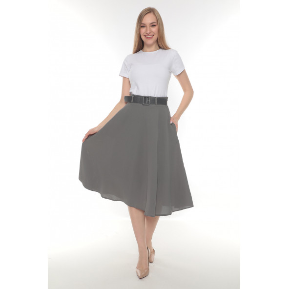 SORALLİNE KADIN BAHARLIK KLOŞ ETEK 780 ETAMİN GRİ