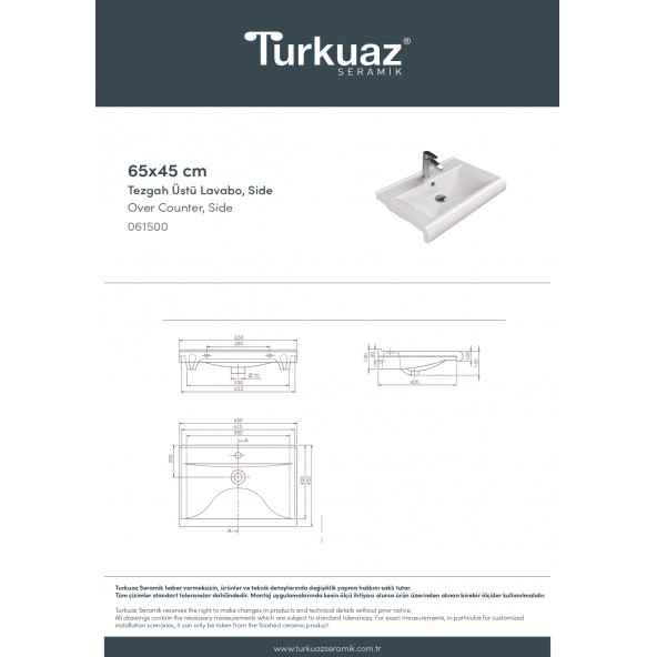Cerastyle Turkuaz Side Tezgah Üstü Lavabo 65 Cm - 4