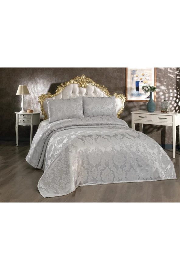 Toprak Jakarlı Şönil Yatak Örtüsü Gri - Resim 6