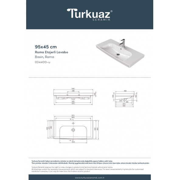 Turkuaz Seramik Cerastyle Roma Serisi 95 x 45 Cm Etajerli Lavabo - 6