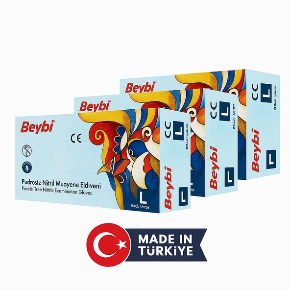 Beybi Pudrasız Nitril Mavi (L) Large Beden Muayene Eldiven 100'lü x 3 Paket ( 300 Adet )