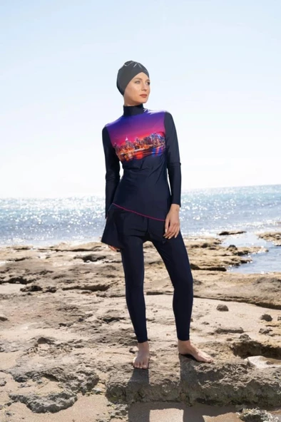 ESTİVA 22998 Lacivert Dijital Desenli Garson Tam Boy Lycralı Tesettür Mayo - Resim 3