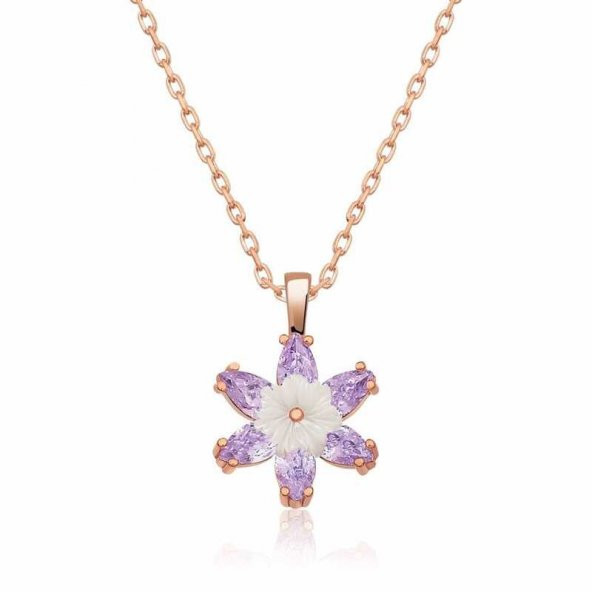 925 Ayar Gümüş Rose Lila Lotus Çiçeği Kadın Gümüş Kolye