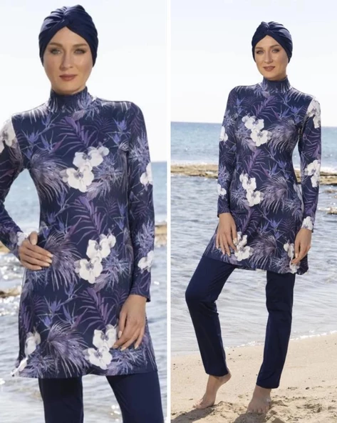 ESTİVA 23907 Lacivert Dijital Desenli Tam Boy Lycralı Tesettür Mayo