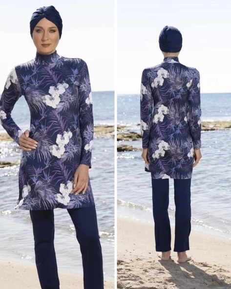 ESTİVA 23907 Lacivert Dijital Desenli Tam Boy Lycralı Tesettür Mayo - 2