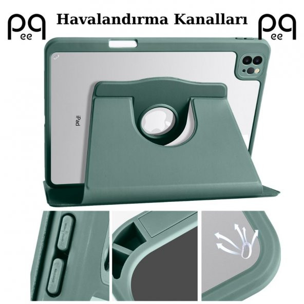 Peeq Apple iPad Air 10.9 2020 (4.Nesil) Kılıf  Termik Kalem Bölmeli Dönebilen Standlı Kılıf - 5