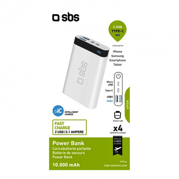 Sbs İntelligent Fast Charge 10.000mAh 2xUsbA + Type-C Çıkışlı Led Göstergeli 2M Type-C to Lightning Kablolu Powerbank Beyaz - 3