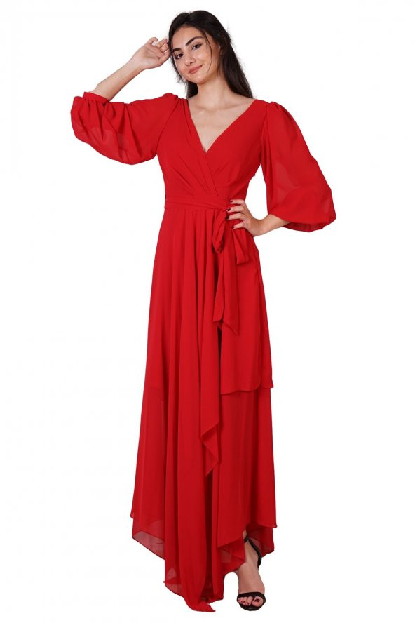 Kırmızı Asimetrik Kesim Şifon Elbise