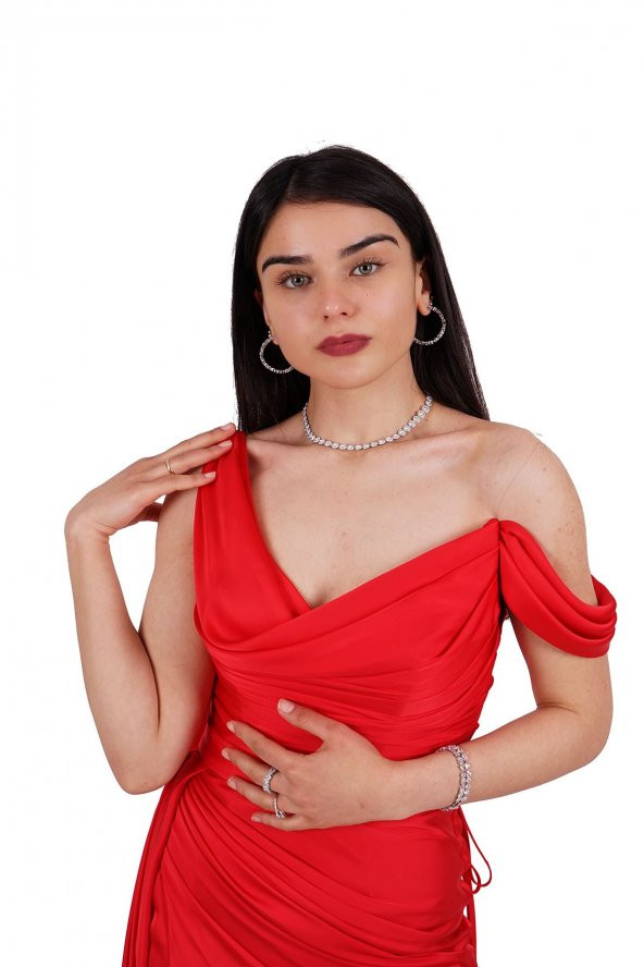 Kırmızı Tek Omuz Saten Abiye Elbise - 5