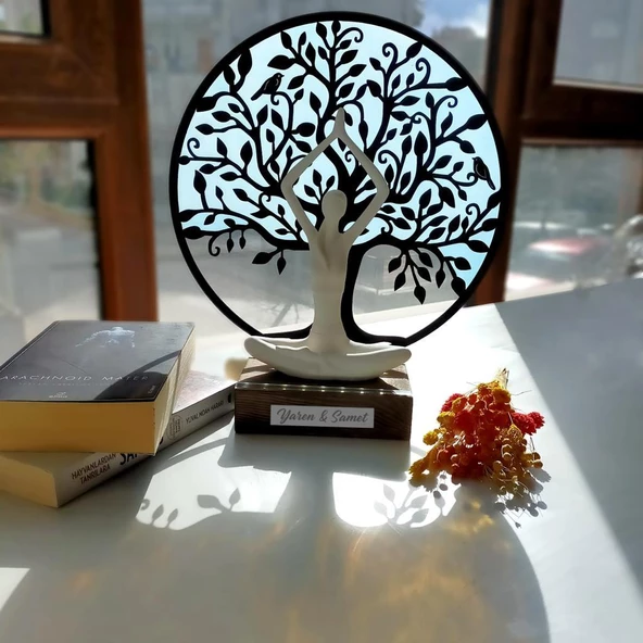 Veraart Epoksili Işıklı Kişiselleştirilebilir Hayat Ağacı Yoga Yapan Kadın Gece Lambası Dekoratif Obje