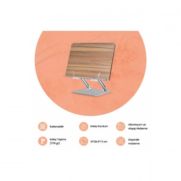 NPO STD002 Okuma Açısı Ayarlı,Kıskkaçlı Alüminyum&Ahşap Kitap/Tablet/Notebook Standı Modern Rahle - 3