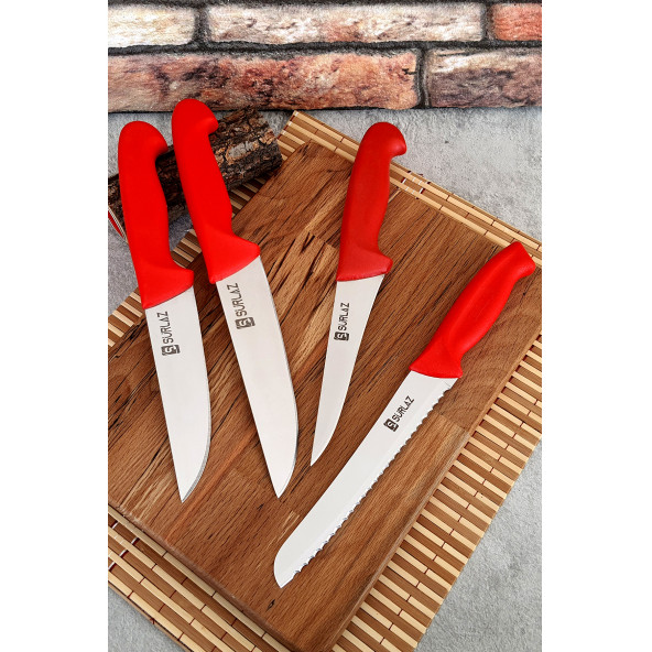 SürLaz Red 4 Parça Mutfak Bıçak Seti Et Bıçağı Ekmek Bıçağı Meyve Bıçağı
