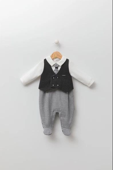 Takım Görünümlü Kravatlı Yelekli Patikli Bayramlık Erkek Bebek Tulum 13425 - 3