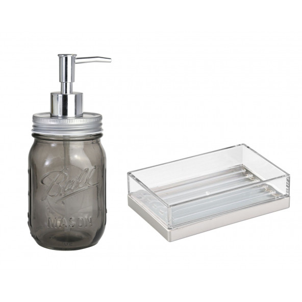 ZBOSP-C385 GRİ CAM SIVI SABUNLUK VE AKRİLİK  SABUNLUK 2 Lİ BANYO SETİ - 2
