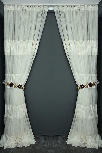 KARELİ GÖBEKLİ MODEL KREM RENK TEK KANAT Hazır dikilmiş Pileli Fon Perde 300*260 cm - Resim 9