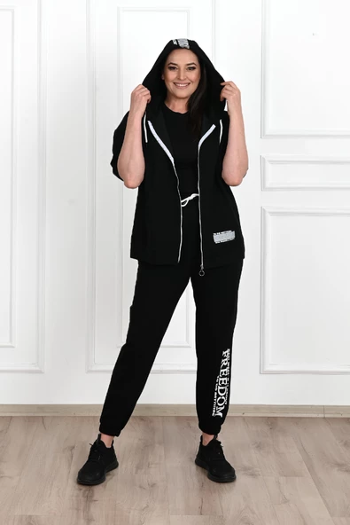 Kadın Kısa Kollu Kapüşonlu Büyük Beden Eşofman Takımı 3705-23 - 6