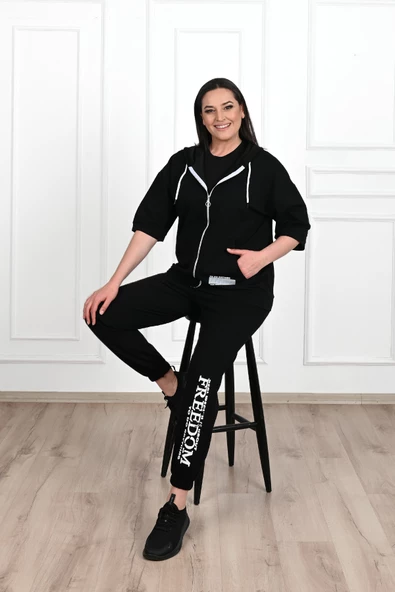 Kadın Kısa Kollu Kapüşonlu Büyük Beden Eşofman Takımı 3705-23 - 3